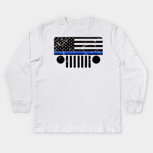 Jeep Police Blue Line Flag, Funny Design US Flag Distressed Kids Long Sleeve T-Shirt